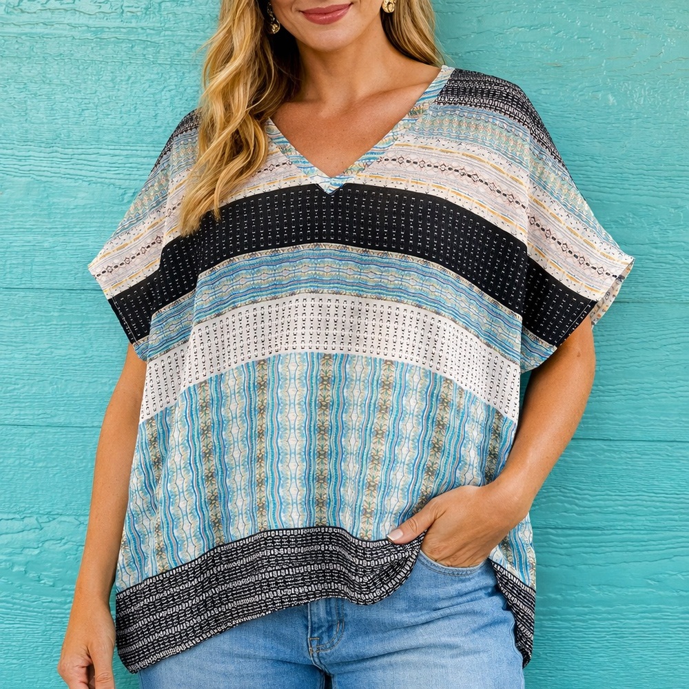 Cabi Sheer Overlay Mixed Print V-Neck Blouse | Flowy Boxy Top | Size Medium
